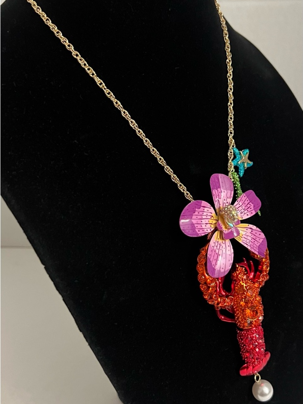 Betsey Johnson Purple, Pink & Orange Lobster Flower Pendant Necklace - Picture 9 of 16